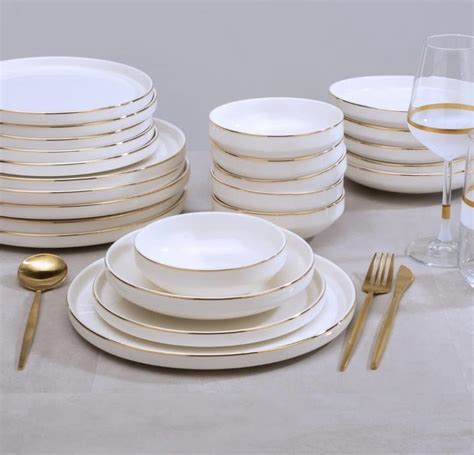 24 Piece Dinner Set for 6 People White Crockery with Gold Rim ...