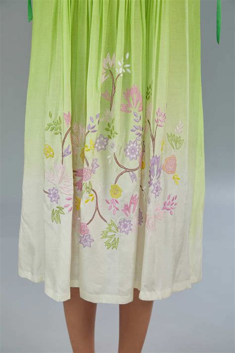 White & Green Ombre Dyed Cotton Silk Thread Embroidered Midi Dress ...