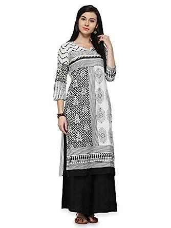 Buy Riti Riwaz White and Black Printed Cotton Cambric round with V 3/4 ...