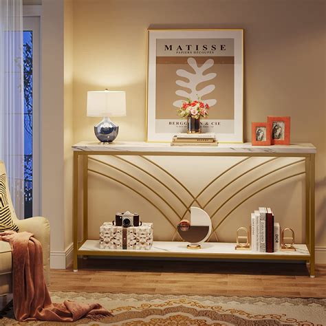 Console Table, 180 CM Faux Marble Entryway Table with 2 Tier Storage ...