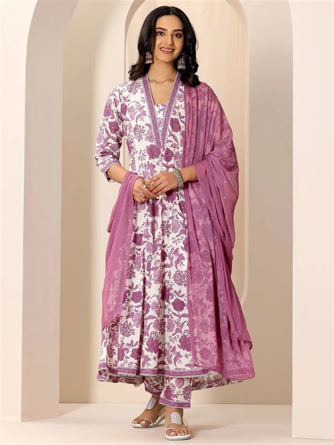 Buy Mauve Printed Cotton Anarkali Suit Set With Dupatta Online at Rs ...