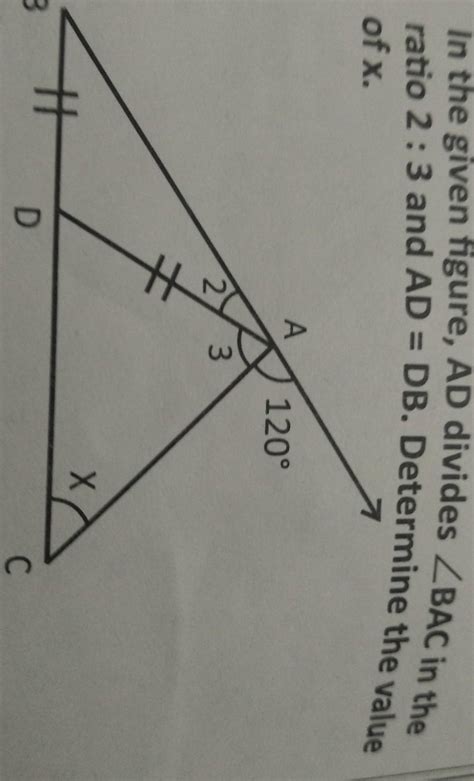In the given figure, AD divides angleBAC in the ratio 2:3 and AD = DB ...