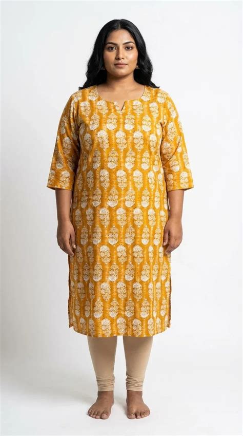 Plus Size Kurta - Elegant Floral Print Straight Kurta in Yellow ...