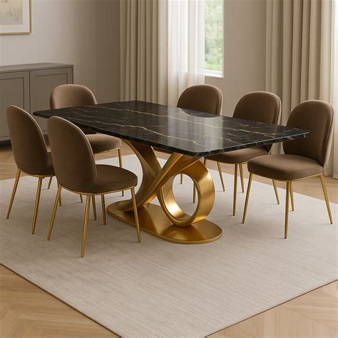 Gold Embrace Dining Table with Black Marble Top & Mocha Velvet Chairs ...