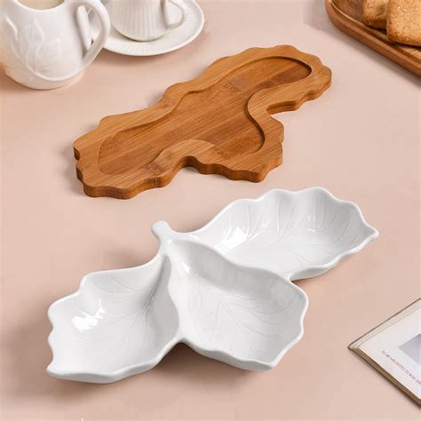 3 Section Leafy Ceramic Plate With Wooden Tray Online - Premium Section ...