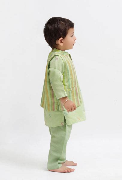 Set Of 3: Green Dobby Kurta and Green Pant with Green Striped Nehru Ja ...