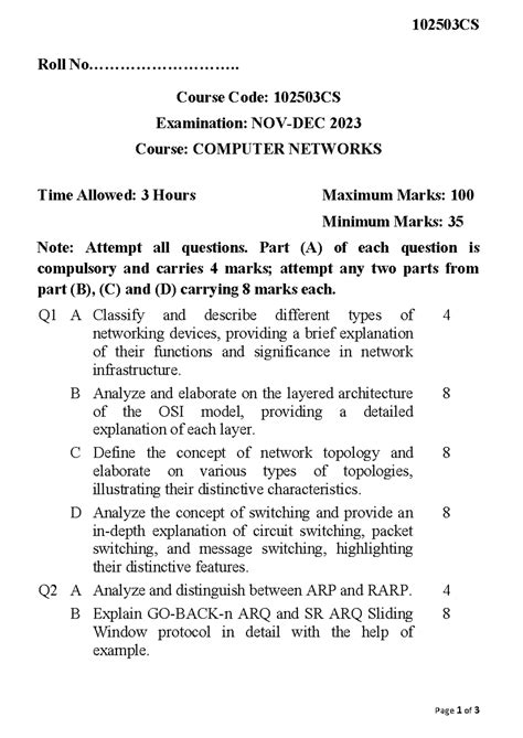 102503CS Final Exam: Computer Networks Question Paper 2023 - Studocu