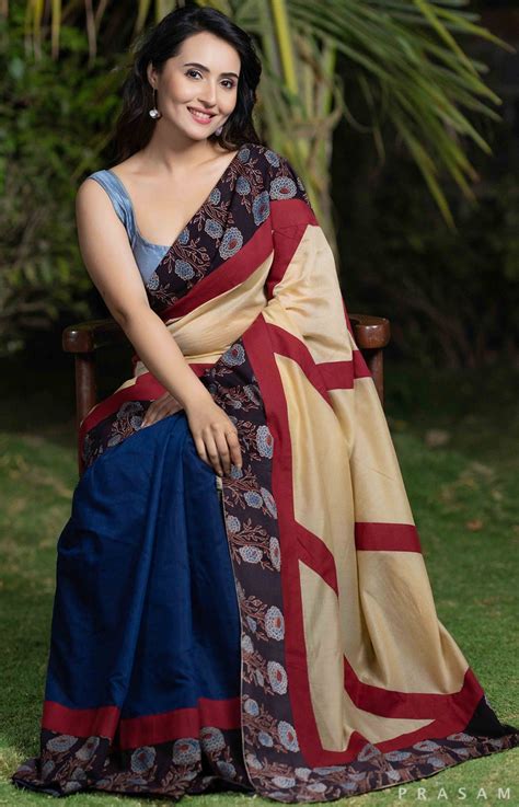 Blue Oasis Chanderi and Ajrakh Fusion Saree