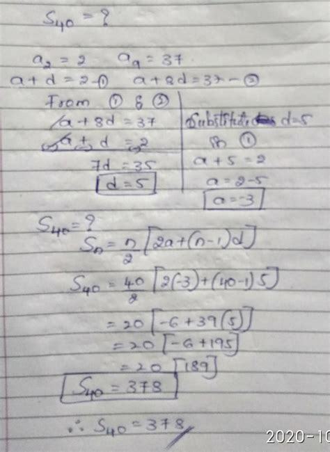 find sum of first 40 terms of an AP whose 2nd term is 2 and 9th term is ...