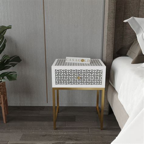 Inlay Bedside Table with Gold Legs - Geometric Floral