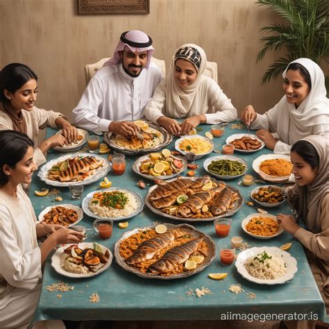 Saudi Family Enjoying Grilled Fish and Rice Dinner | AI Image Generator