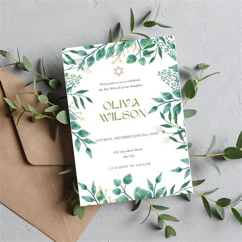 EDITABLE Bat Mitzvah Invitation Template, Green Floral Printable Bat Mitzvah Invitation, Bat ...
