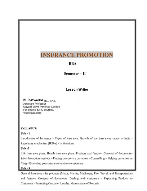 Insurance promotion pdf - INSURANCE PROMOTION BBA Semester – II Lesson ...