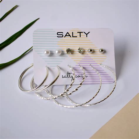 Set of 6 Round Circle Hoop Textured Earrings - Silver with Rhinestone ...