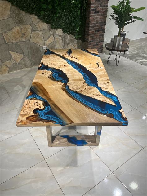 Blue River Epoxy Resin Maple Burl Dining Table - Maple Burl Wood Resin ...