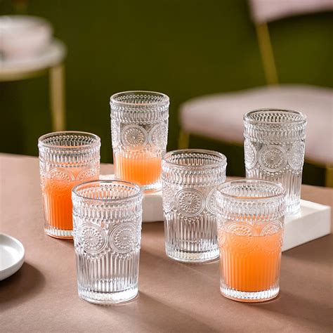 Embossed Tall Water Glass Set of 6 350ml Online - Premium Tumbler ...
