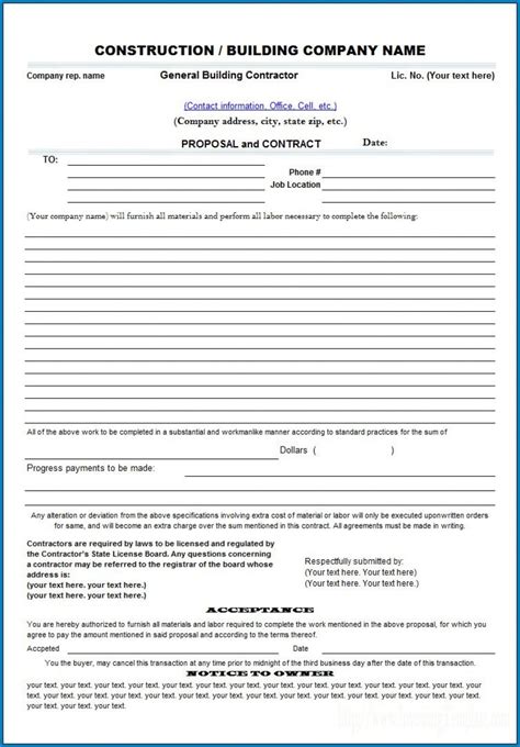 free printable contractor proposal forms