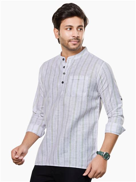 Premium Cotton Linen weave Vertical Striped Short Kurta, White Green G ...