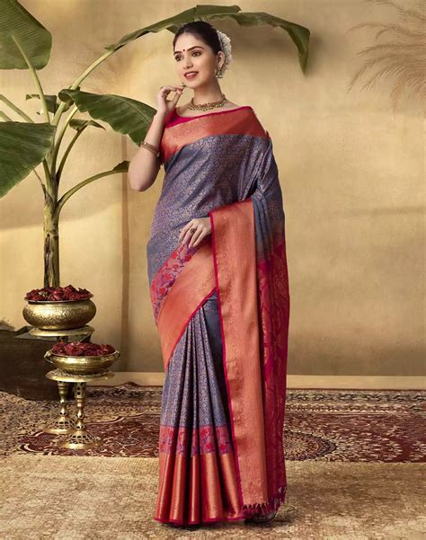 Blue Floral Soft Banaras Contrast Border Saree – South India Shopping Mall