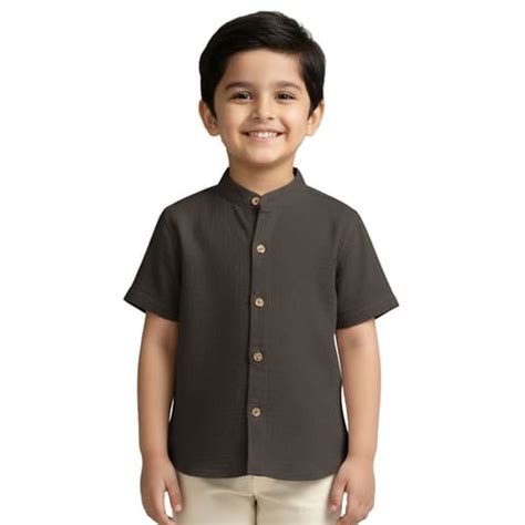 Snowflakes Boys Half Sleeve Double Gauze Fabric Solid Shirt - Charcoal Grey