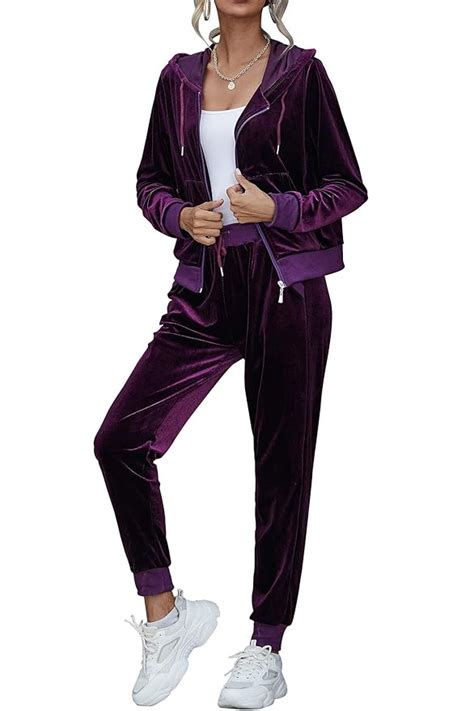 Buy ECHOINE Women's 2 Piece Solid Velvet Tracksuit Set Zipper Hooded ...