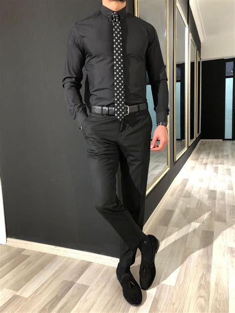 Knot Black Slim Fit Shirt | Black dress pants men, Black dress shirt ...