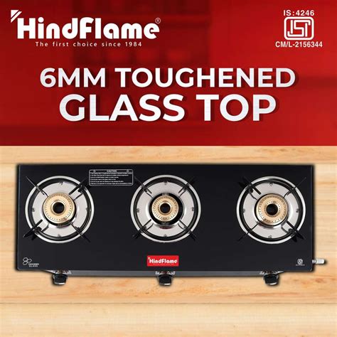 Hindflame 3 Burner Straight Line Black Toughened Glass Manual Gas Stove ...