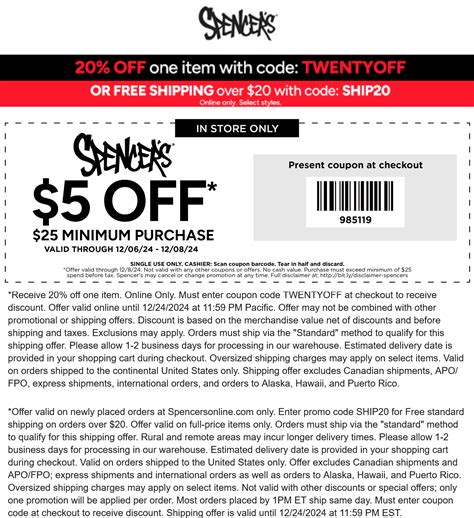 $5 off $25 today at Spencers, or 20% off a single item online via promo ...