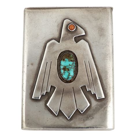 Navajo Silver Cigarette Case with Thunderbird Overlay and Turquoise and ...