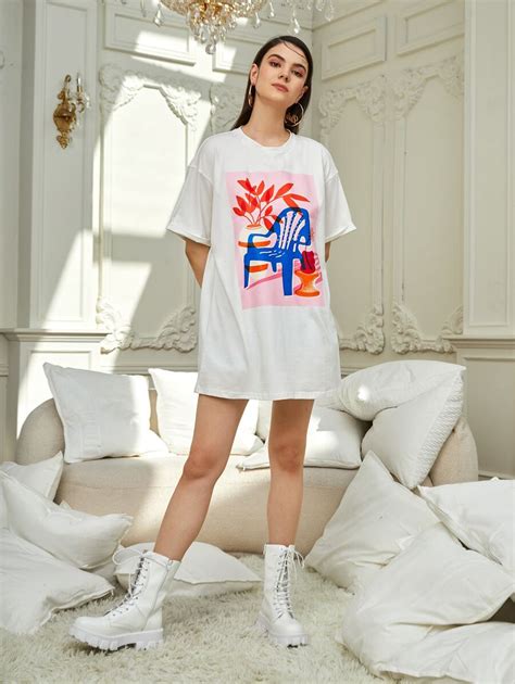 ONG LIJIE Plant & Graphic Print Drop Shoulder Longline Tee | SHEIN USA