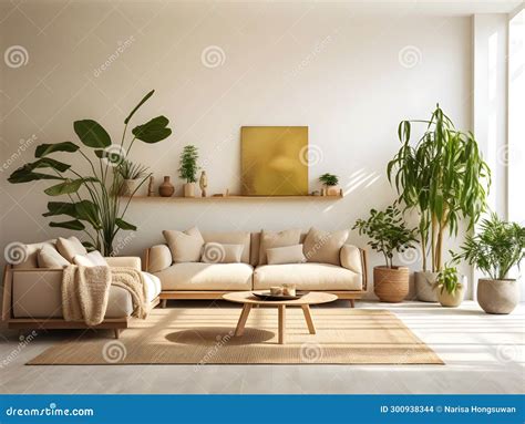 Minimal Living Room with Indoor Plants. Bright Authentic Home Interior ...
