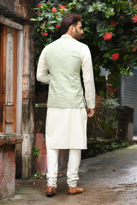Powder Green Geometrical Cord Embroidered Kurta And Bundi Set – VIDEER ...