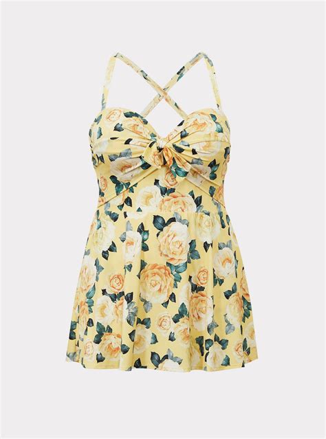 Plus Size - Yellow Floral Underwire One-Piece Swim Dress - Torrid