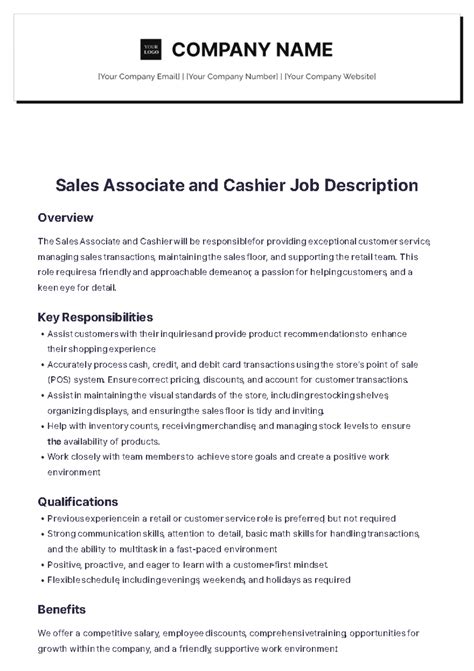 Free Sales Associate And Cashier Job Description Template to Edit Online