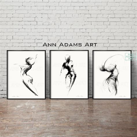 Set of 3, Abstract Art Nude Charcoal Drawing Minimalist Sketch Wall Art Female Figure Art Prints ...