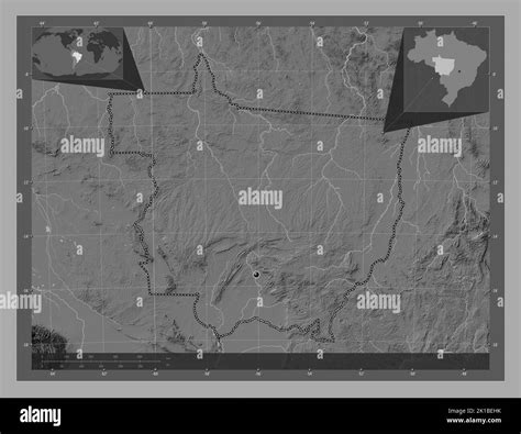 Mato Grosso, state of Brazil. Bilevel elevation map with lakes and rivers. Corner auxiliary ...