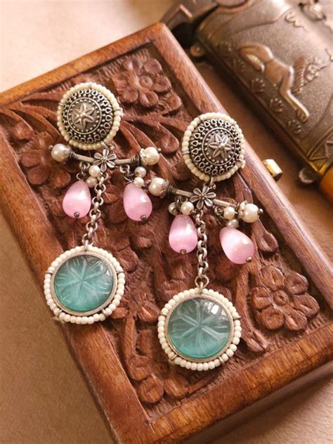 Buy Baby Pink and Sea Green Stone Oxidised Silver Drop Earrings Online ...