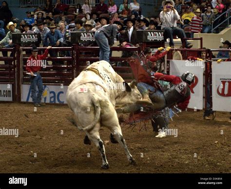 Cowboy riding bucking bull during the National Finals Rodeo in Oklahoma ...