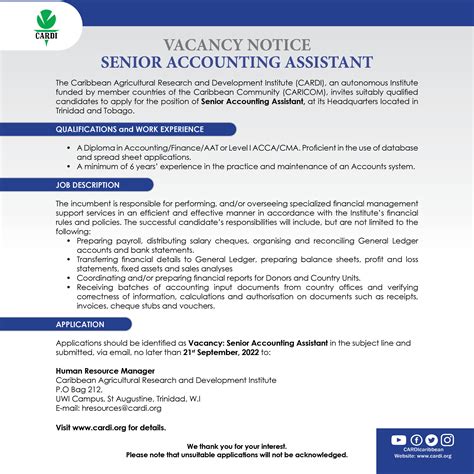 CARDI Vacancy : Senior Accounting Assistant – Caribbean Agricultural Research & Development ...