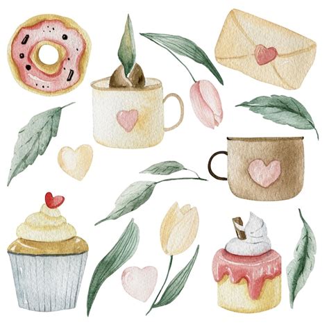 Watercolor pink collection with cakes, desserts and spring easter ...