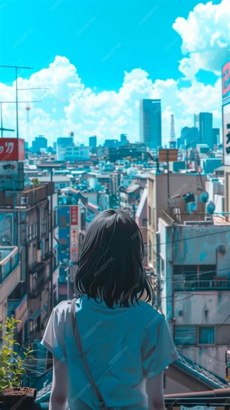 Anime girl gazing at city skyline vibrant blue sky above buildings ...