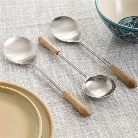 Buy VarEesha Hand Crafted Wooden Handles Matt Steel Serving Spoons Set ...