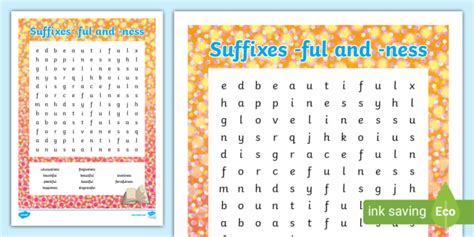 Words Ending in -ful and -ness Word Search (teacher made)