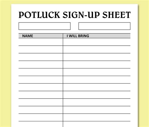 Potluck Sign Up Sheet