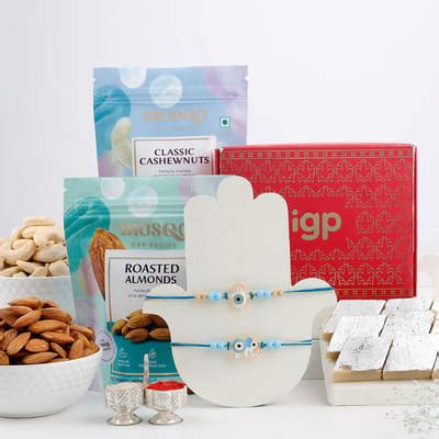 Evil Eye Elephant And Humsa Rakhi Hamper: Order Flowers Online ...