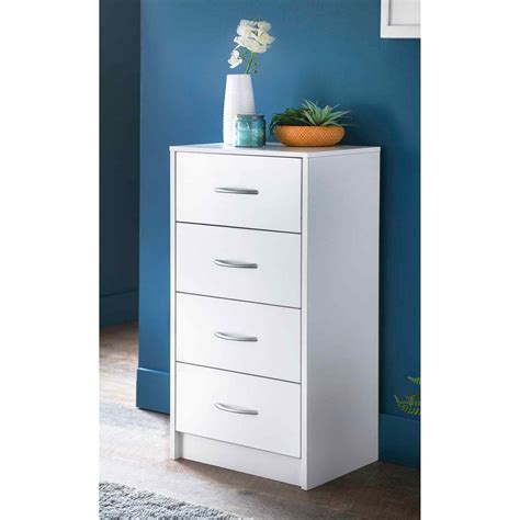White Narrow 4 Drawer Chest - Bedroom Storage Organizer - Dylex