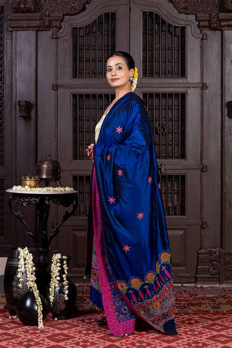 Handcrafted Dark Blue Silk Dupatta With Hand Work and Aari Embroidery ...