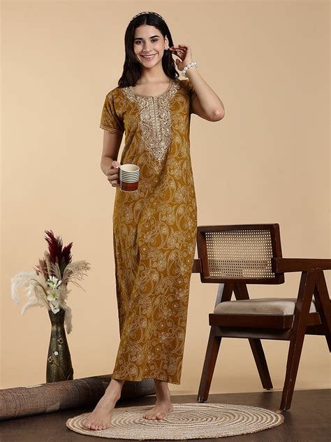 Sunlit Mustard Yellow Jaipuri Premium Cotton Women's Nighty – 9shines label