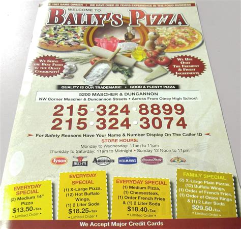 Bally Pizza menu in Philadelphia, Pennsylvania, USA