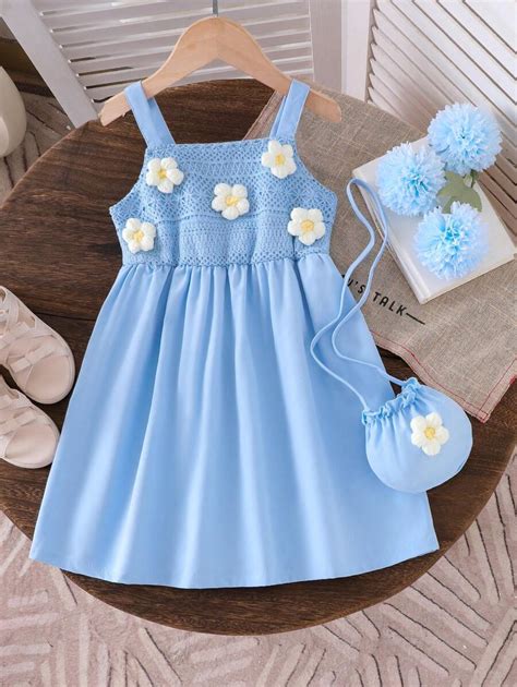 Lunivi Girls Blue Grid Strap Crochet Strawberry Pattern Dress With ...